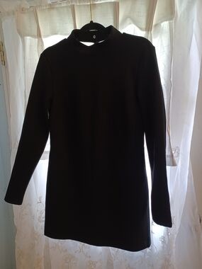 Sleek Black Long-Sleeve Mock Neck Dress